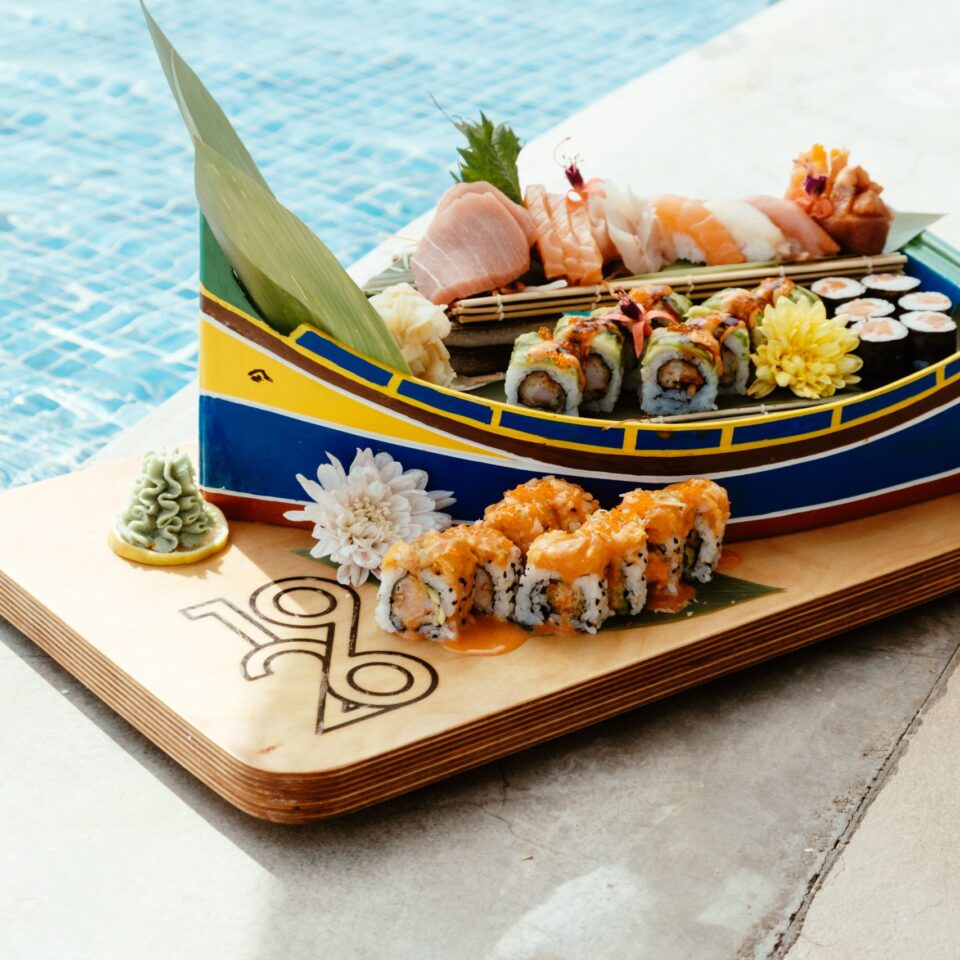 Sushi assortment on a Luzzu Boat